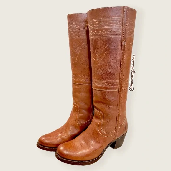 1970 Frye VINTAGE RARE Deer/Moose Cognac Leather Campus Knee High Tall Heel Boot - Picture 4 of 13